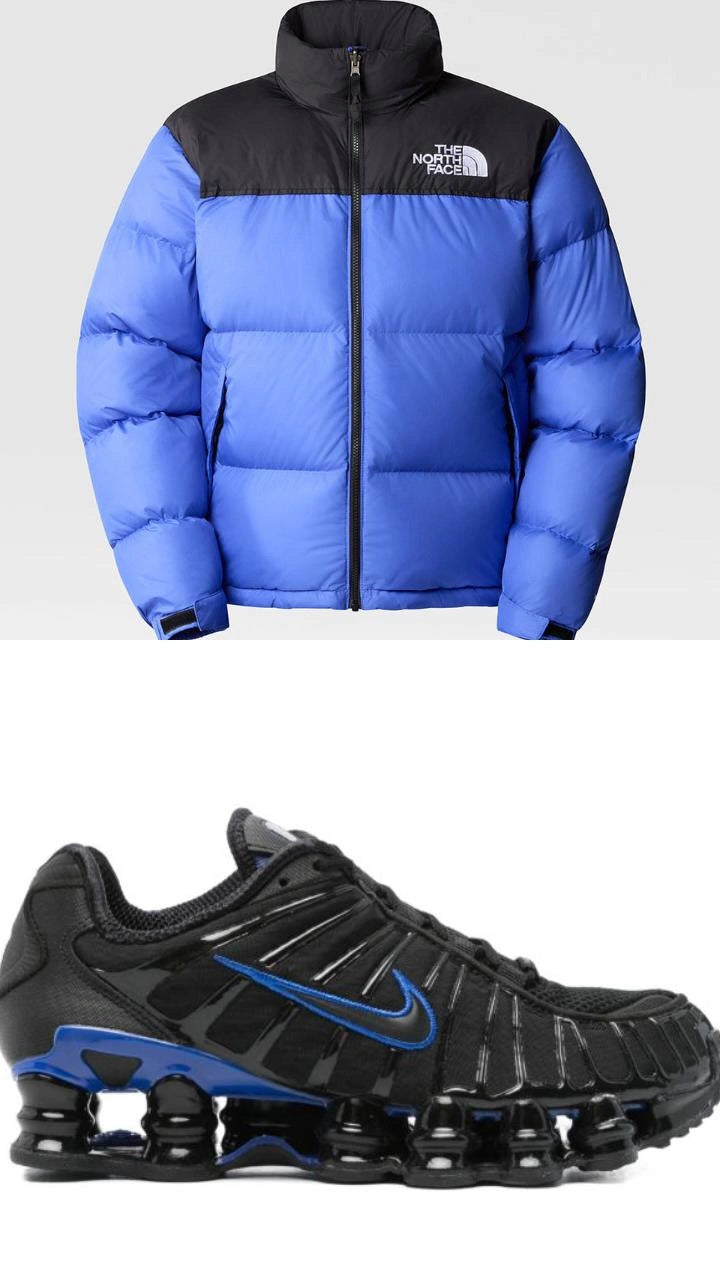 Black/Blue Shox-Style Sneakers + Blue/Black Puffer Jacket
