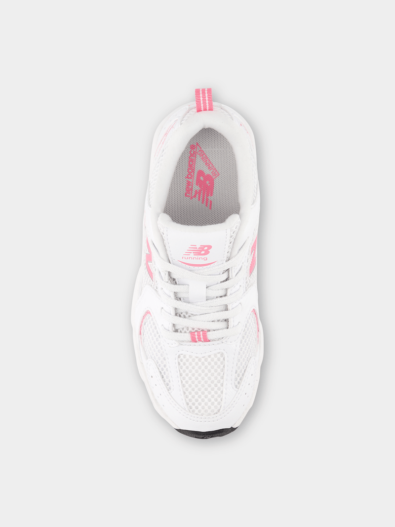 New Balance 530 white with pink “N” accent
