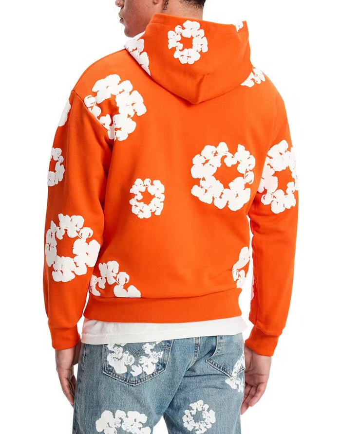 Oversized Statement Hoodie - Orange with White Floral Print
