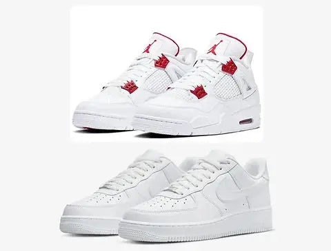 White Nike Air Force 1 Low with Red Maple Leaf Accents – Classic white low‑top sneakers .
