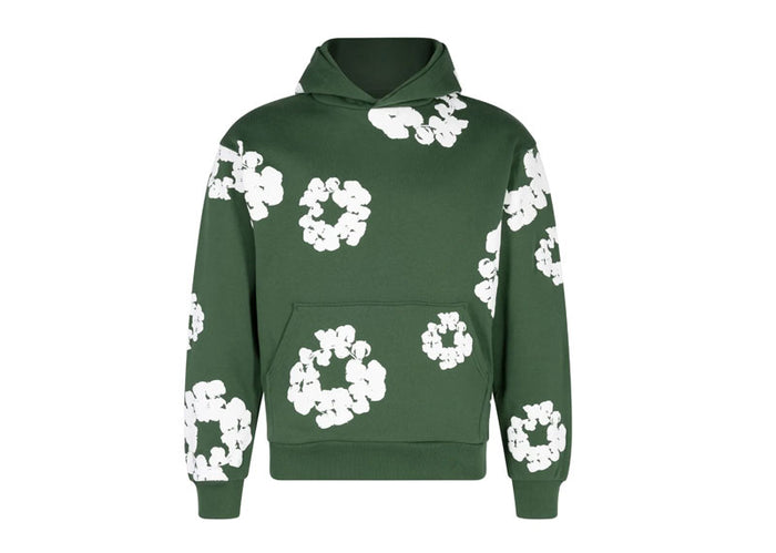 Oversized Statement Hoodie - Forest Green with White Floral Print