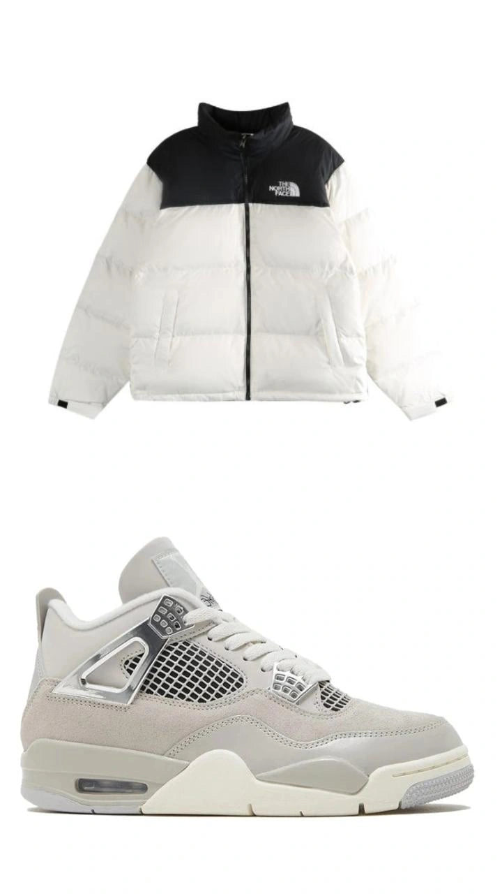 Winter Streetwear Bundle - White Colorblock Puffer + Light Grey High-Top Sneaker