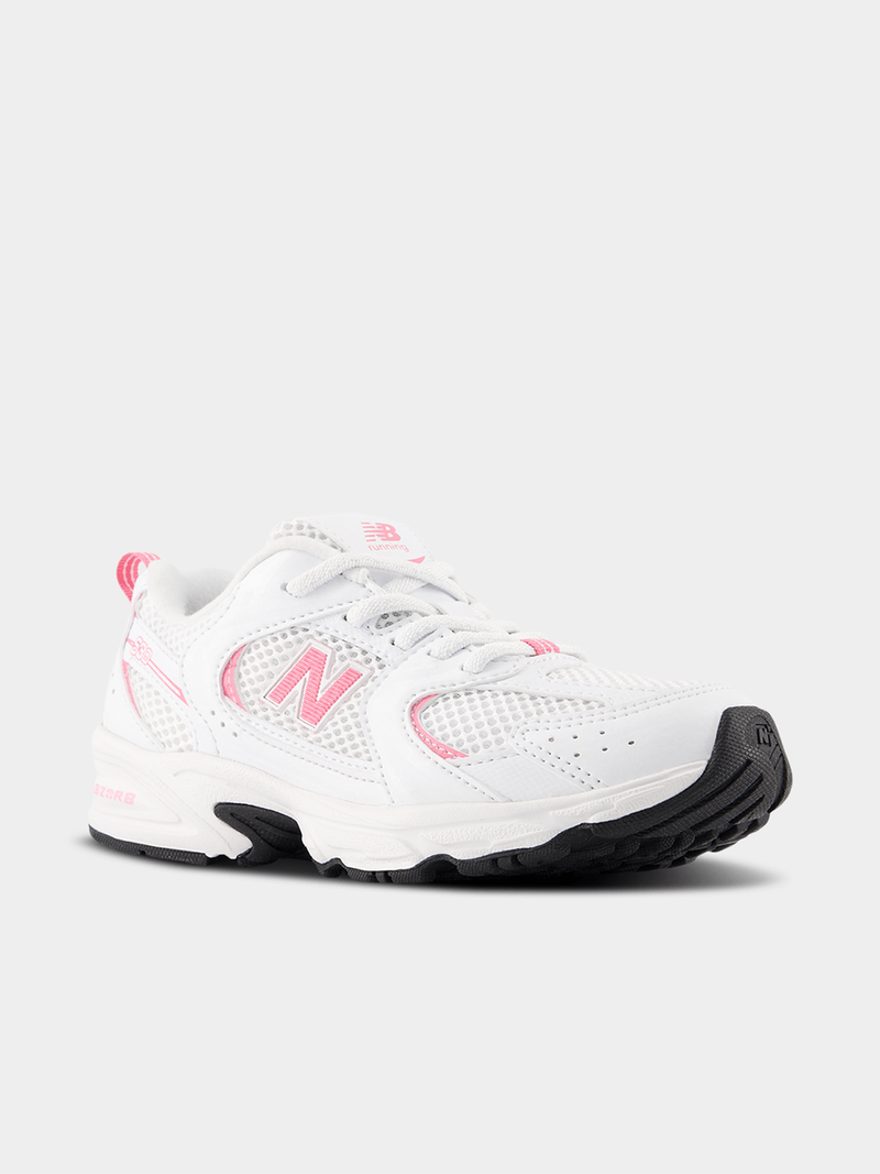 New Balance 530 white with pink “N” accent