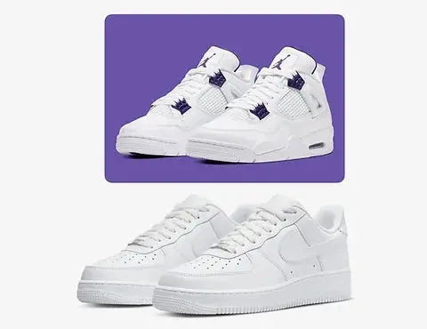 White High‑Top Sneakers with Purple Accents – Stylish white high‑top athletic shoes featuring purple
