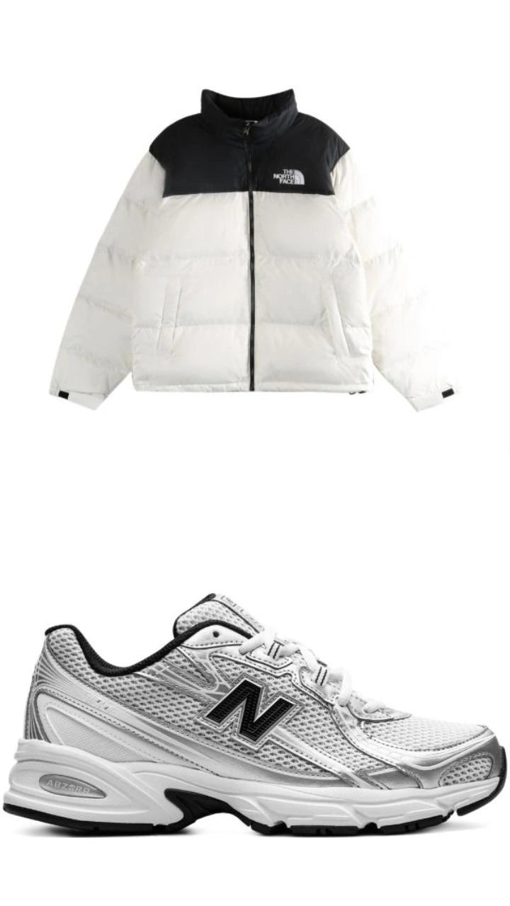 Winter Streetwear Bundle - White Colorblock Puffer + Silver Mesh Runner